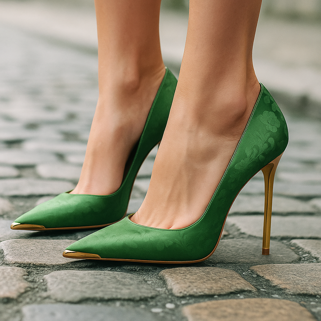 Verde Éclat™ – Tacones de Satén con Punta Dorada