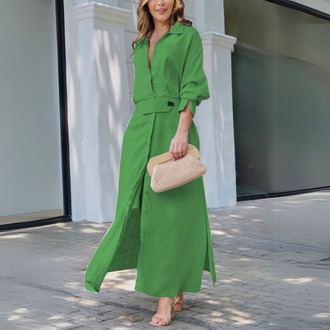 Yara | Elegante Vestido Maxi de Lino con Escote en V