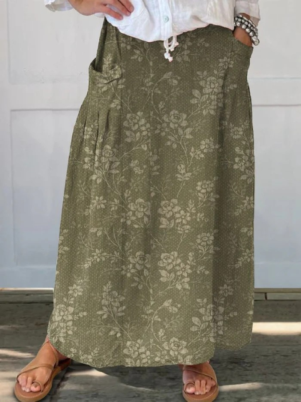 Falda de Lino Floral Vintage para Mujer con Cintura Elástica y Bolsillos