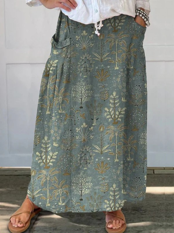 Falda de Lino con Patrón de Vegetación del Bosque para Mujer con Cintura Elástica y Bolsillos