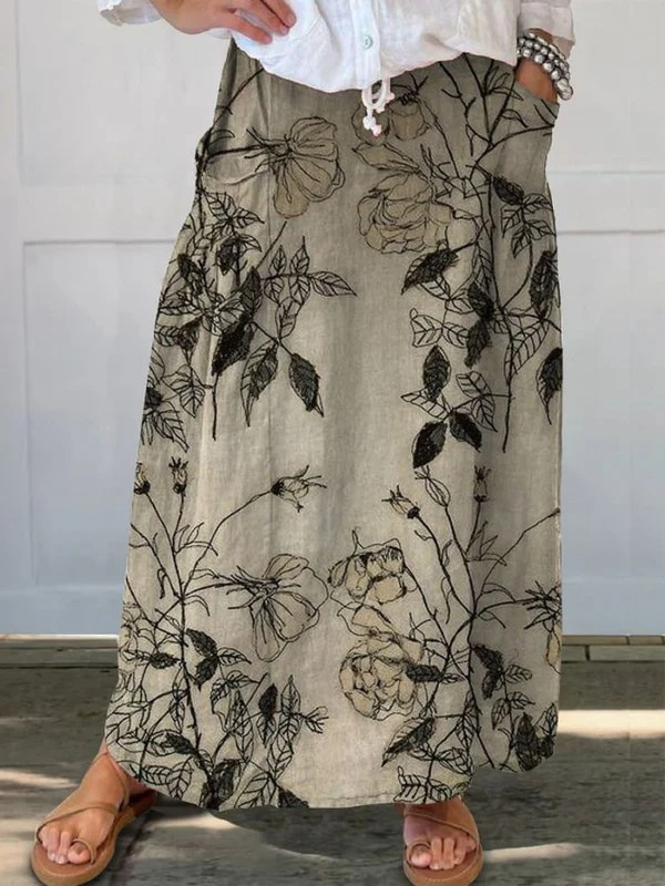 Falda de Lino Floral Retro para Mujer con Cintura Elástica y Bolsillos