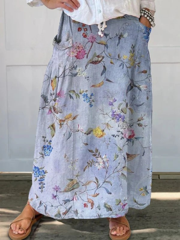 Falda de Lino con Bolsillos en Estampado Vintage Azul Elegante