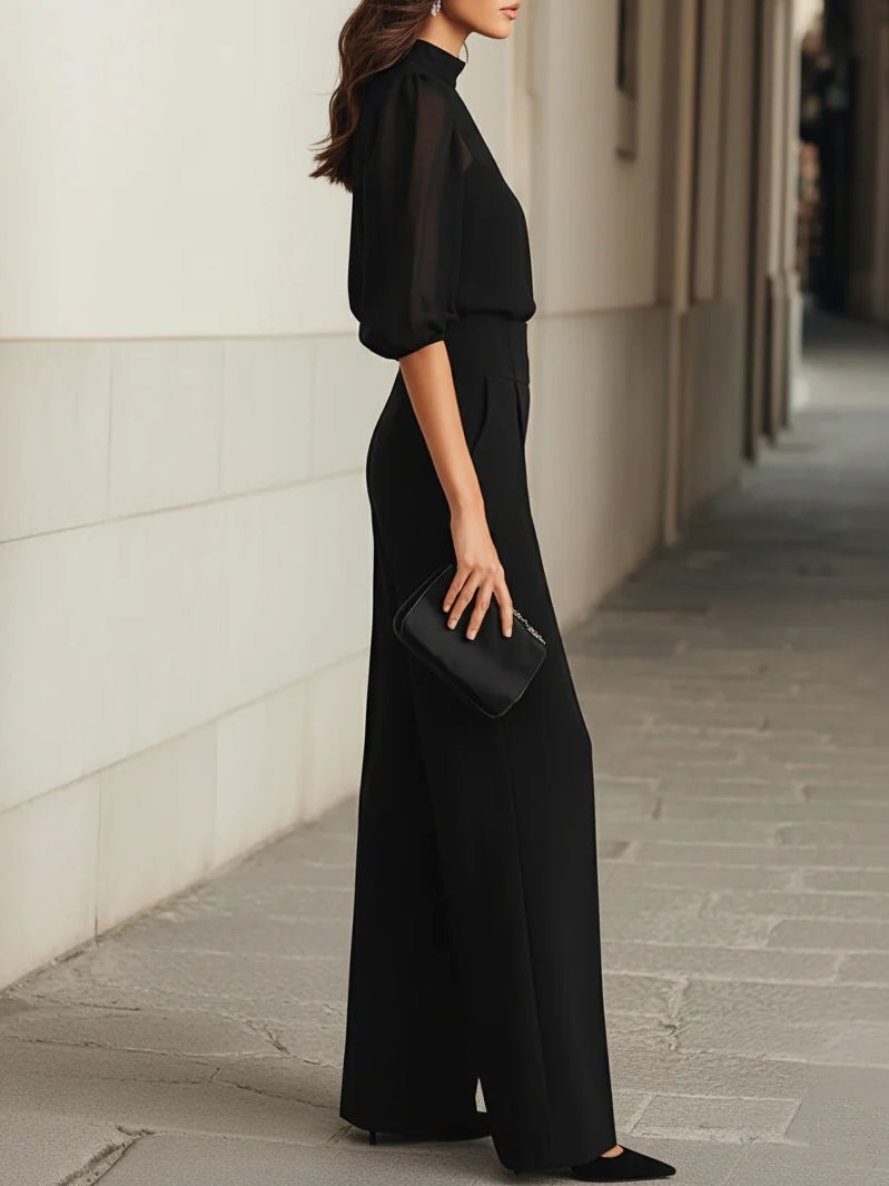 Valentina - Conjunto de tres piezas negro, compuesto por una camisola transparente y pantalones de pierna ancha.