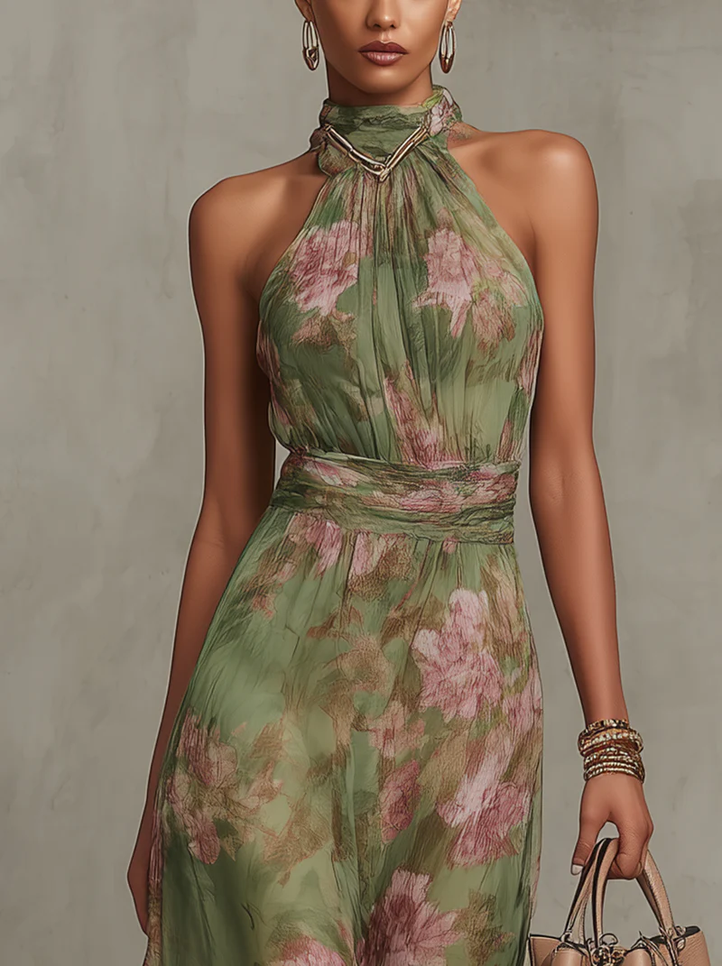 Serena ∙ Vestido largo de gasa verde con estampado floral y escote halter