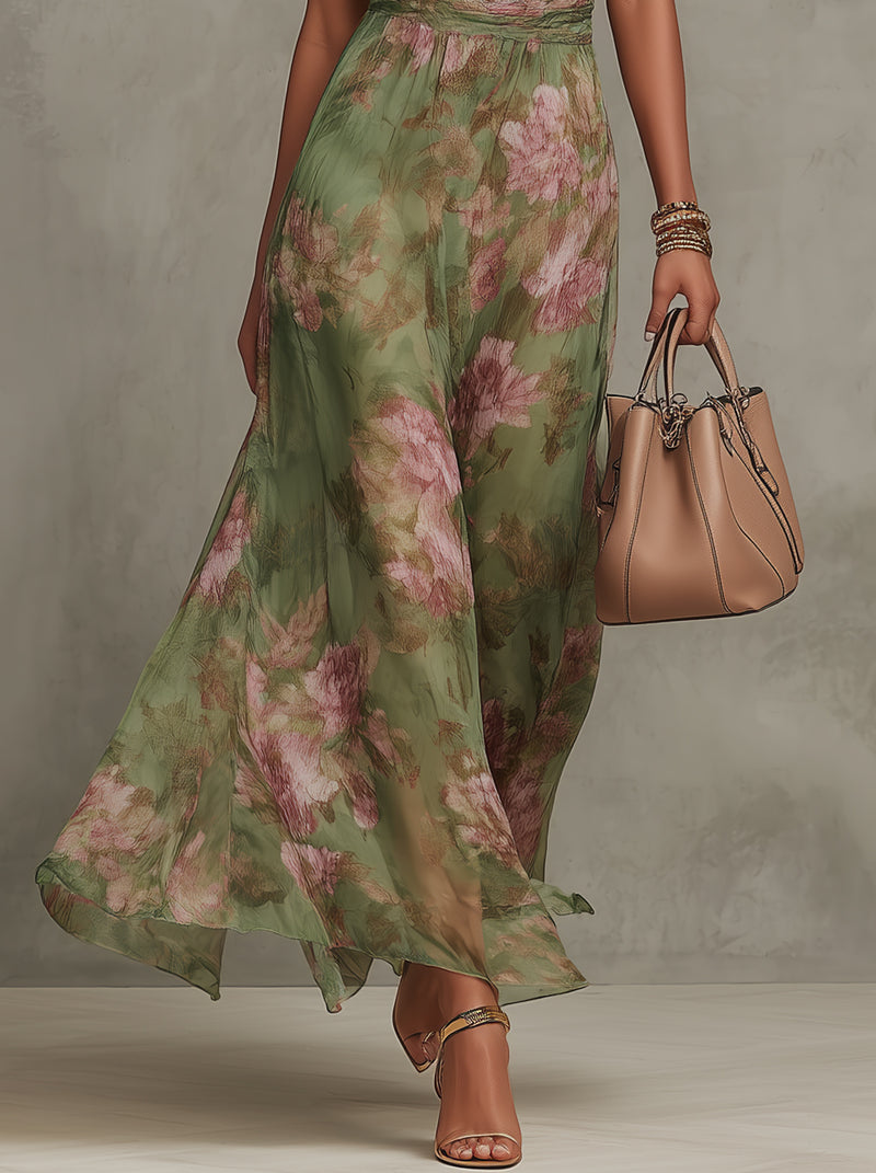 Serena ∙ Vestido largo de gasa verde con estampado floral y escote halter