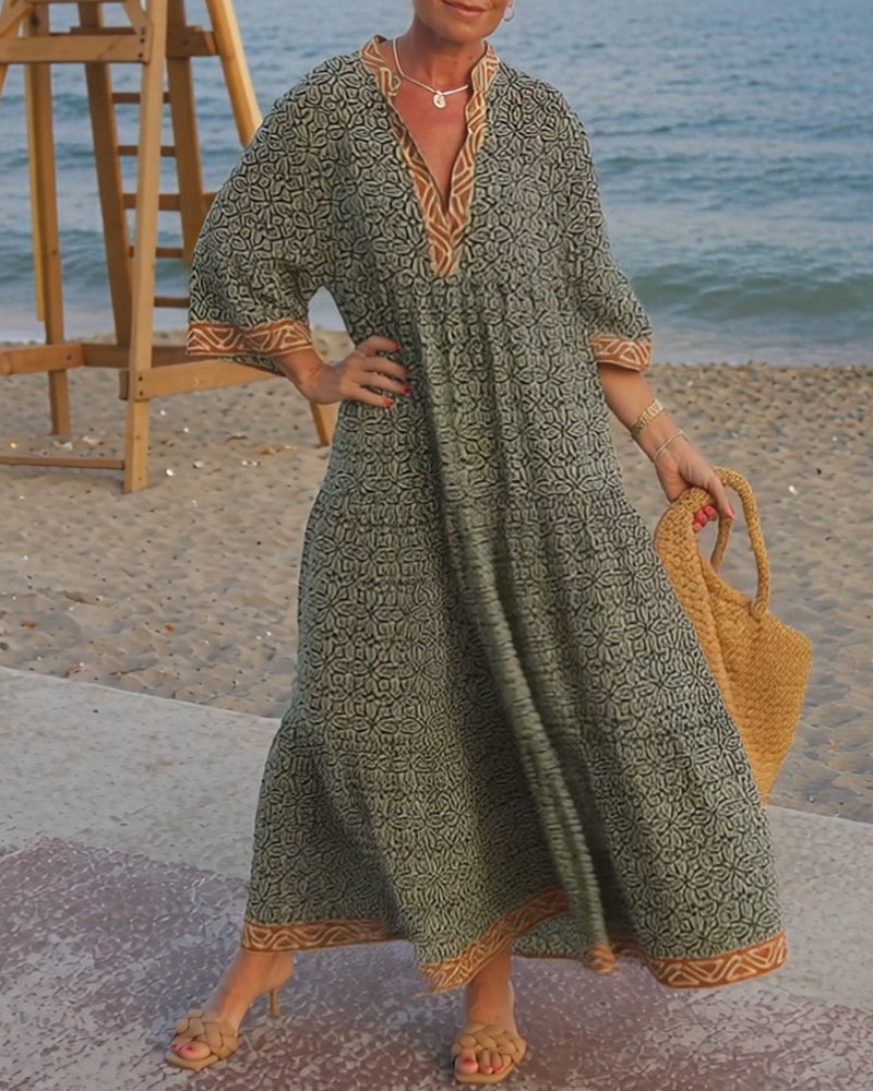 Maja - Vestido V-Cuello de Manga Corta con Estampado para Vacaciones