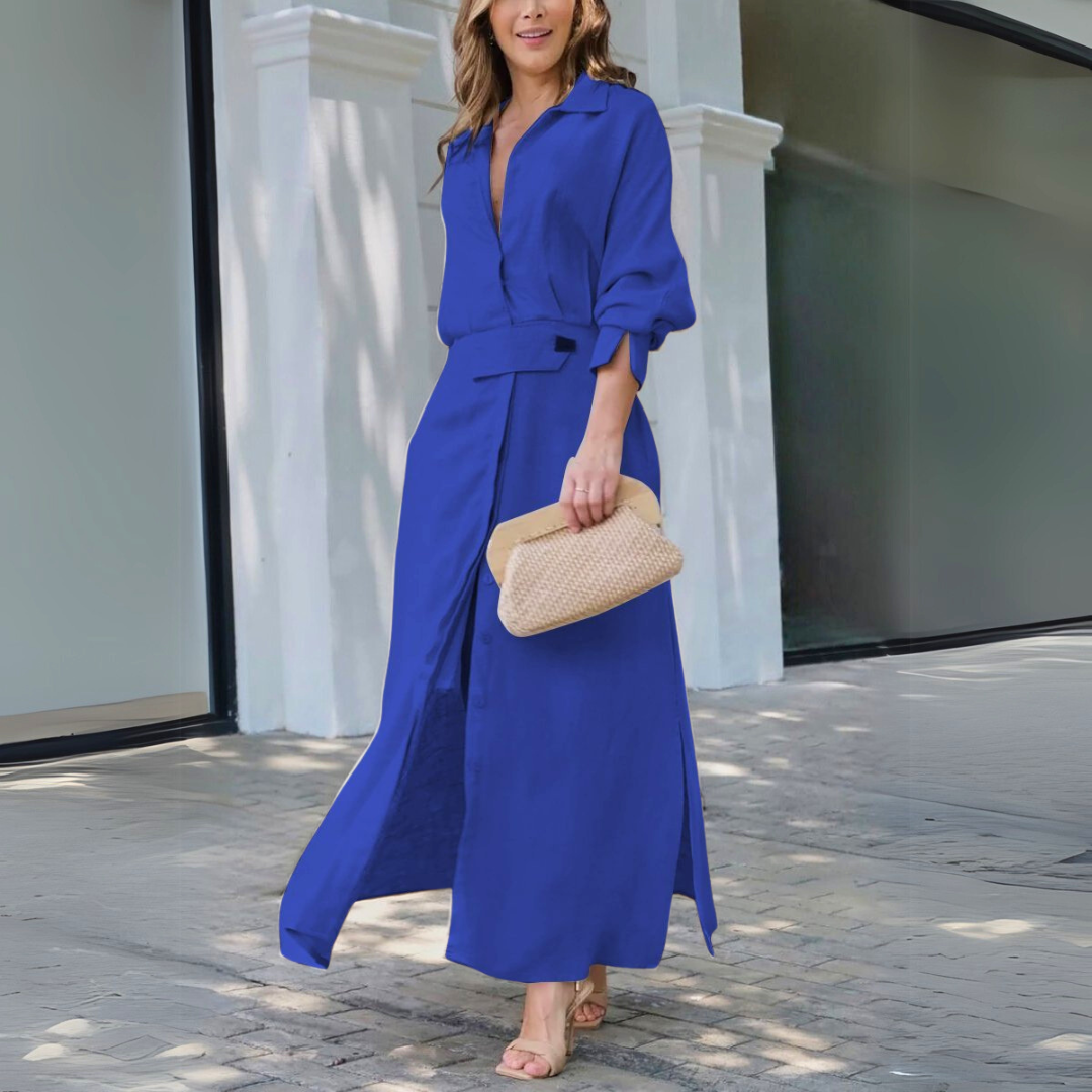 Yara | Elegante Vestido Maxi de Lino con Escote en V