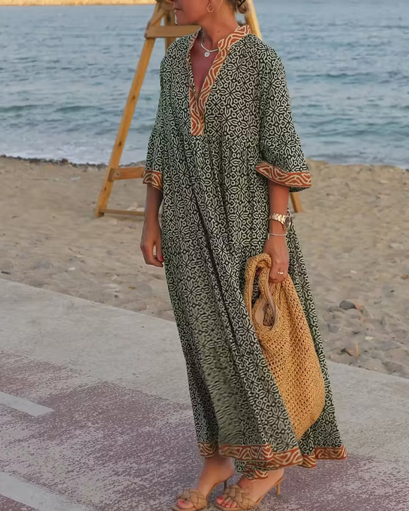 Maja - Vestido V-Cuello de Manga Corta con Estampado para Vacaciones