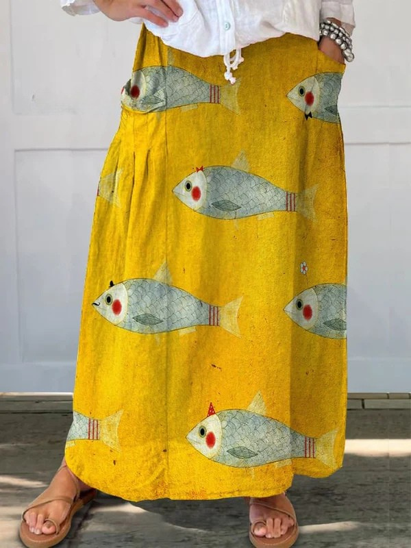Falda de Lino con Diseño de Peces Vintage para Mujeres