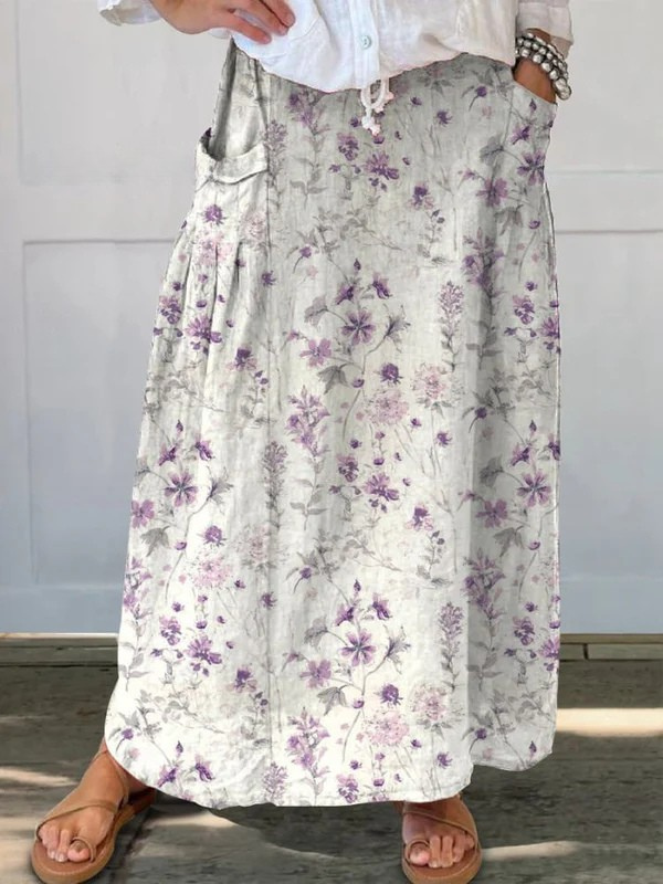 Falda de Lino Floral Vintage para Mujeres con Cintura Elástica y Bolsillos