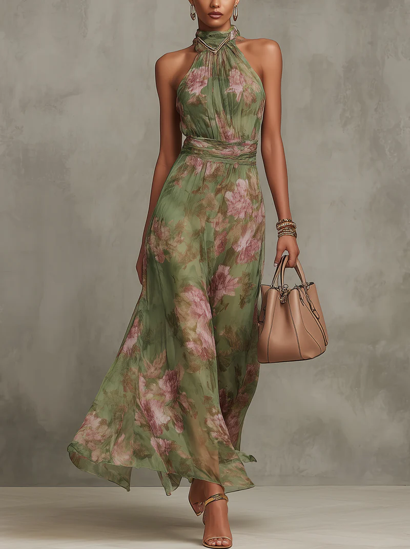 Serena ∙ Vestido largo de gasa verde con estampado floral y escote halter