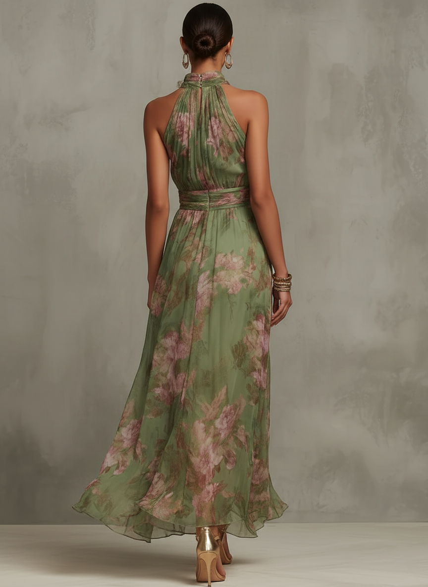Serena ∙ Vestido largo de gasa verde con estampado floral y escote halter