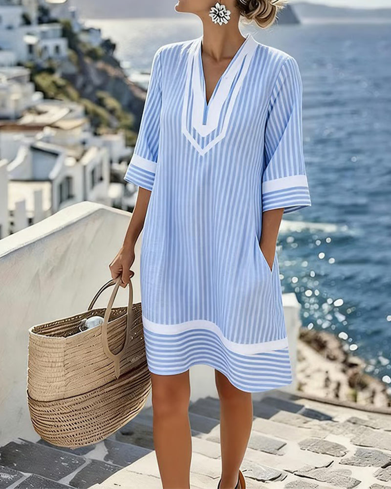 Klara - Vestido de manga corta a rayas con escote en V