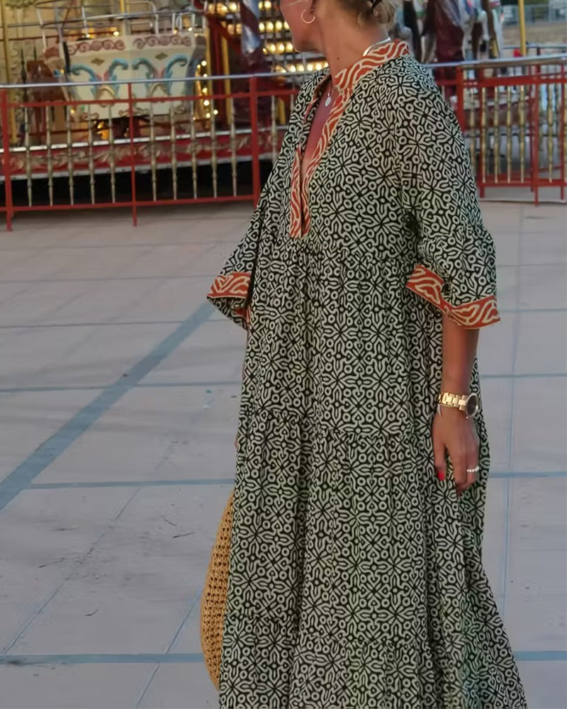 Maja - Vestido V-Cuello de Manga Corta con Estampado para Vacaciones