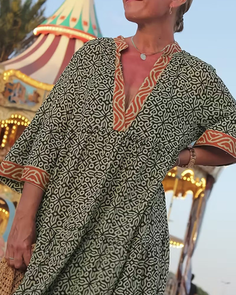 Maja - Vestido V-Cuello de Manga Corta con Estampado para Vacaciones